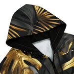 Men's Zip Up Hoodie Black and Gold Tropical Leaves