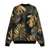 Bomber Jacket Black and Gold Tropical Leaves