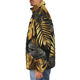Down-Padded Puffer Jacket Black and Gold Tropical Leaves