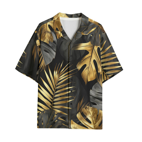 Hawaiian Shirt Black and Gold Tropical Leaves