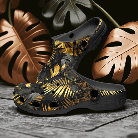 Classic Clogs Black and Gold Tropical Leaves
