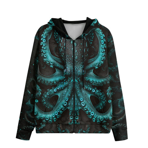 Men's Zip Up Hoodie Turquoise Octopus Art