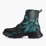 Casual Leather Chunky Boots Turquoise Octopus Art