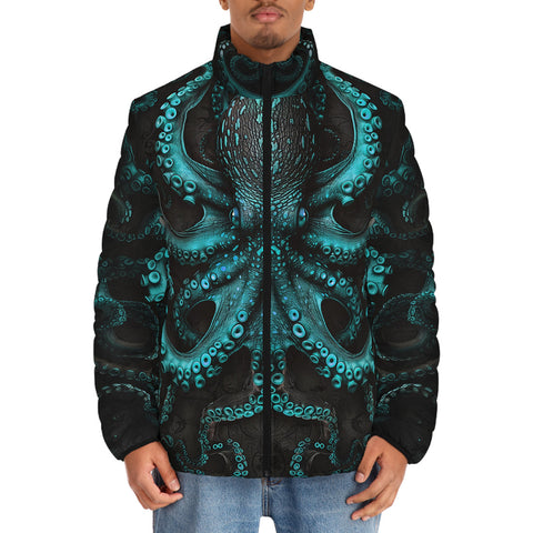 Down-Padded Puffer Jacket Turquoise Octopus Art