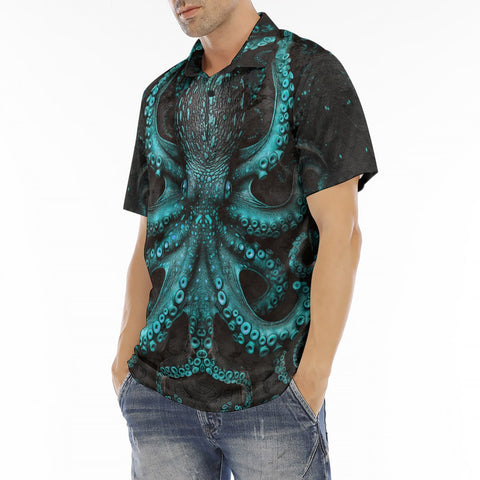 Men's Polo Shirt Turquoise Octopus Art
