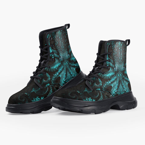 Casual Leather Chunky Boots Turquoise Octopus Art