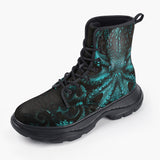 Casual Leather Chunky Boots Turquoise Octopus Art