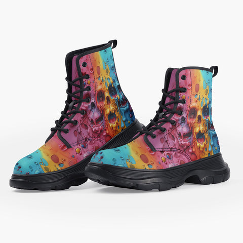 Casual Leather Chunky Boots Colorful Melting Skulls