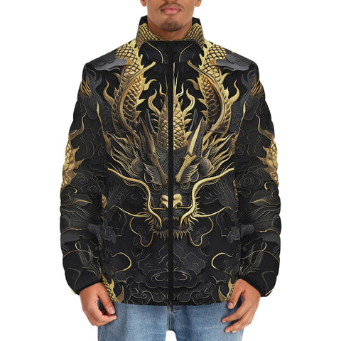 Down-Padded Puffer Jacket Golden Chinese Dragon Art