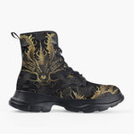 Casual Leather Chunky Boots Golden Chinese Dragon Art