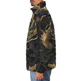 Down-Padded Puffer Jacket Golden Chinese Dragon Art