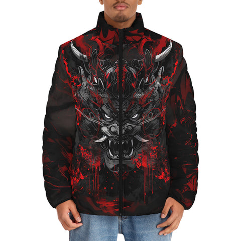 Down-Padded Puffer Jacket Black and Red Demon Art