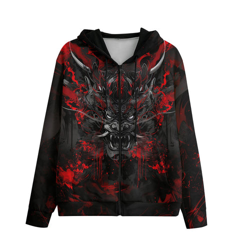 Men's Zip Up Hoodie Black and Red Demon Art