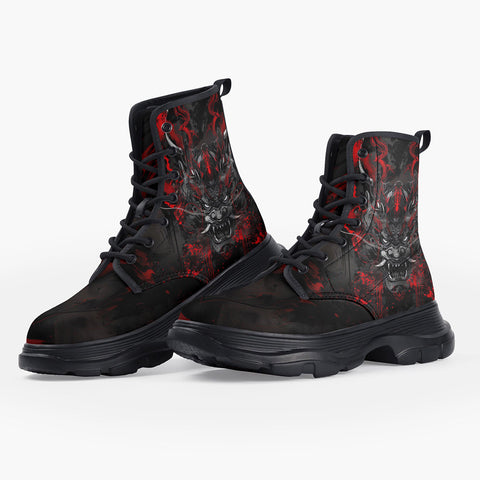 Casual Leather Chunky Boots Black and Red Demon Art