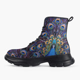 Casual Leather Chunky Boots Colorful Peacock Feathers