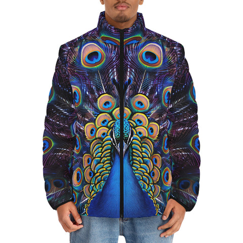 Down-Padded Puffer Jacket Colorful Peacock Feathers