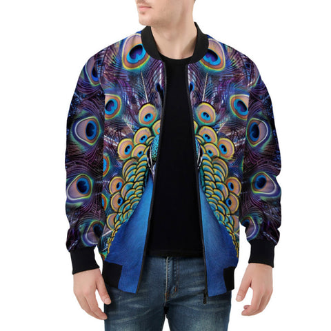 Bomber Jacket Colorful Peacock Feathers