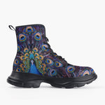 Casual Leather Chunky Boots Colorful Peacock Feathers