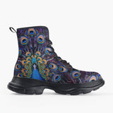 Casual Leather Chunky Boots Colorful Peacock Feathers