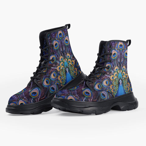 Casual Leather Chunky Boots Colorful Peacock Feathers