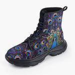 Casual Leather Chunky Boots Colorful Peacock Feathers