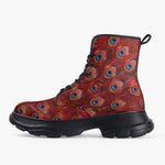 Casual Leather Chunky Boots Red Peacock Feathers