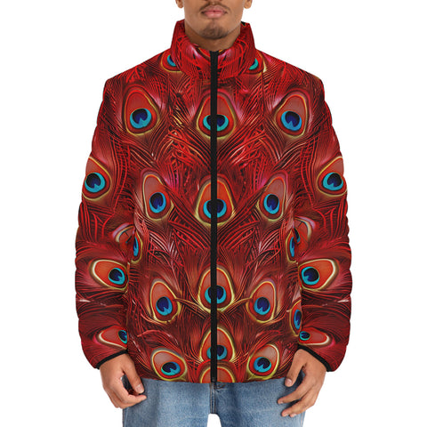 Down-Padded Puffer Jacket Red Peacock Feathers