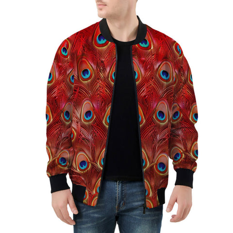 Bomber Jacket Red Peacock Feathers