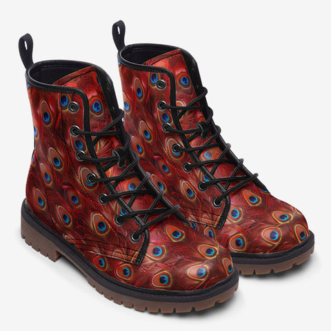 Leather Boots Red Peacock Feathers