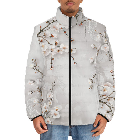 Down-Padded Puffer Jacket White Plum Blossoms Art