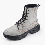 Casual Leather Chunky Boots White Plum Blossoms Art