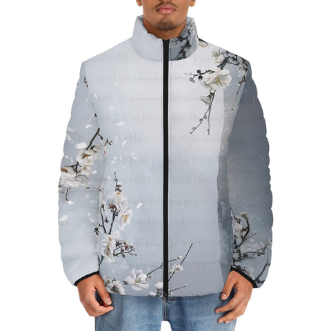 Down-Padded Puffer Jacket White Plum Blossoms Art