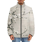 Down-Padded Puffer Jacket White Plum Blossoms Art