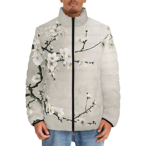 Down-Padded Puffer Jacket White Plum Blossoms Art