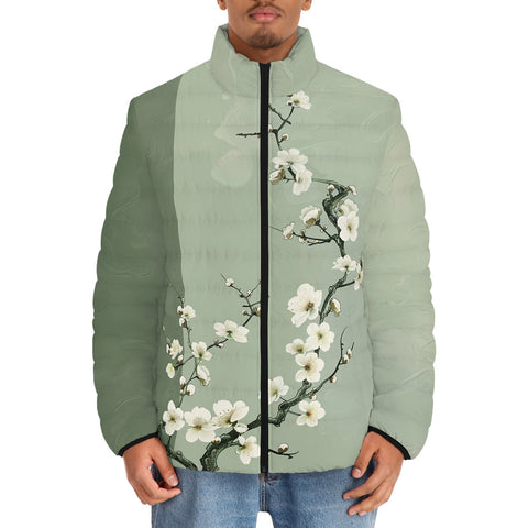 Down-Padded Puffer Jacket White Plum Blossoms Art