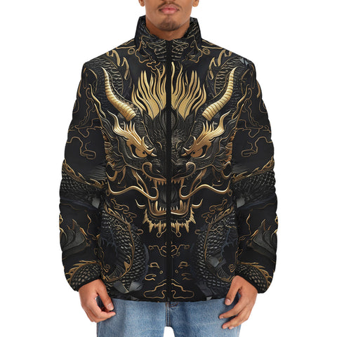 Down-Padded Puffer Jacket Golden Chinese Dragon Art