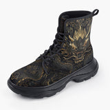 Casual Leather Chunky Boots Golden Chinese Dragon Art