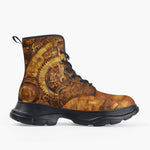 Casual Leather Chunky Boots Steampunk Gears Artwork