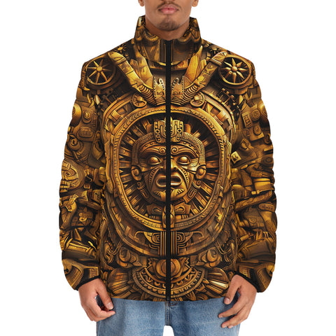 Down-Padded Puffer Jacket Golden Sun God Mask Carvings