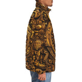 Down-Padded Puffer Jacket Golden Sun God Mask Carvings