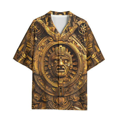 Hawaiian Shirt Golden Sun God Mask Carvings