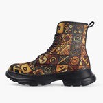 Casual Leather Chunky Boots Wooden Carvings Tribal Symbols