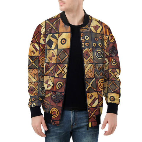 Bomber Jacket Wooden Carvings Tribal Symbols