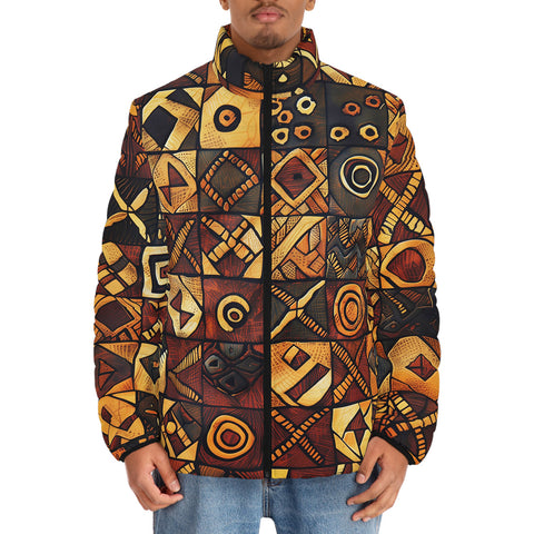 Down-Padded Puffer Jacket Wooden Carvings Tribal Symbols