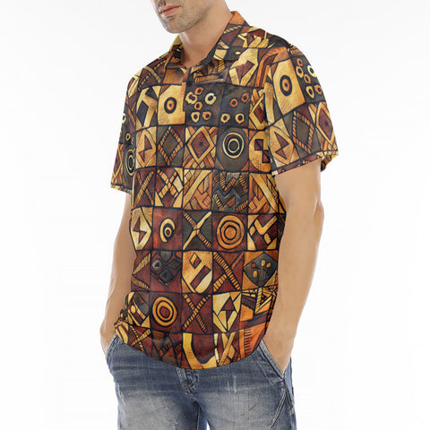 Men's Polo Shirt Wooden Carvings Tribal Symbols