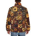 Down-Padded Puffer Jacket Wooden Carvings Tribal Symbols