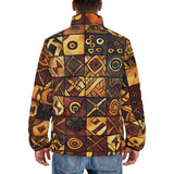 Down-Padded Puffer Jacket Wooden Carvings Tribal Symbols