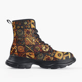 Casual Leather Chunky Boots Wooden Carvings Tribal Symbols