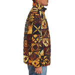 Down-Padded Puffer Jacket Wooden Carvings Tribal Symbols