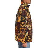 Down-Padded Puffer Jacket Wooden Carvings Tribal Symbols